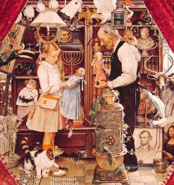 april fool girl with shopkeeper 1948 Norman Rockwell Oil Paintings